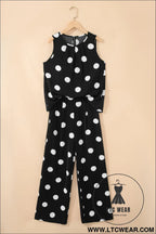 Black polka dot print pleated round neck tank casual wide leg two-piece outfit - pant sets