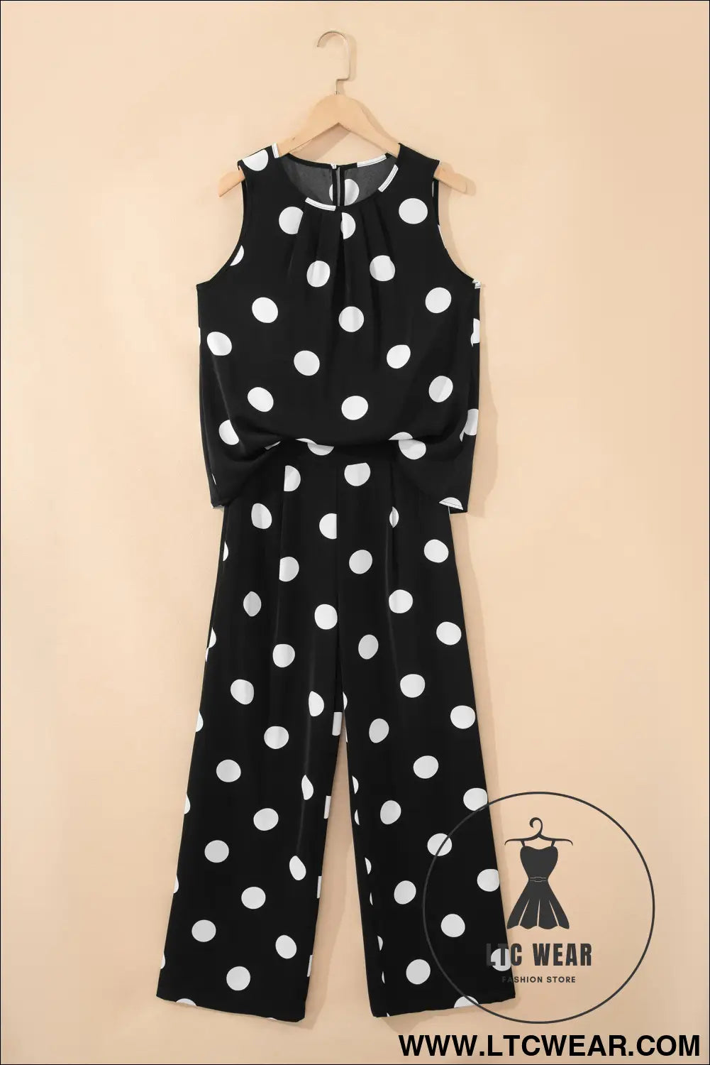Black polka dot print pleated round neck tank casual wide leg two-piece outfit - pant sets