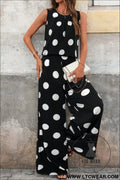 Black polka dot print pleated round neck tank casual wide leg two-piece outfit - black / l / 100% polyester - pant sets