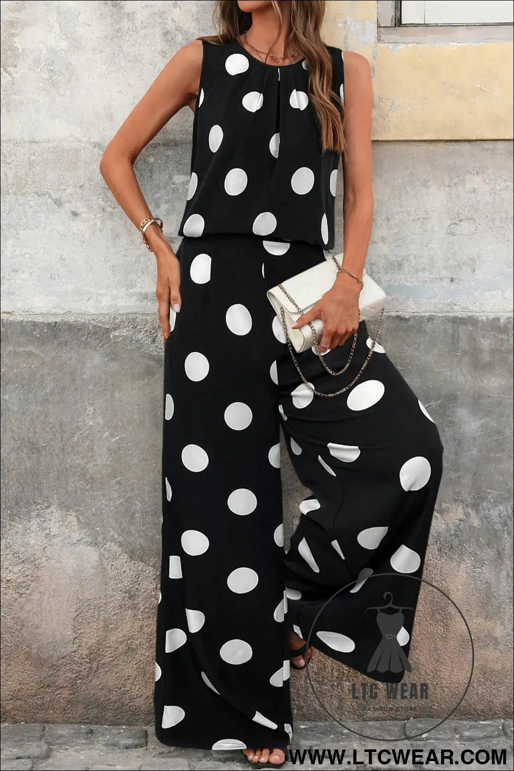 Black polka dot print pleated round neck tank casual wide leg two-piece outfit - black / l / 100% polyester - pant sets