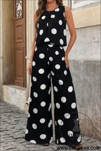 Black polka dot print pleated round neck tank casual wide leg two-piece outfit - pant sets
