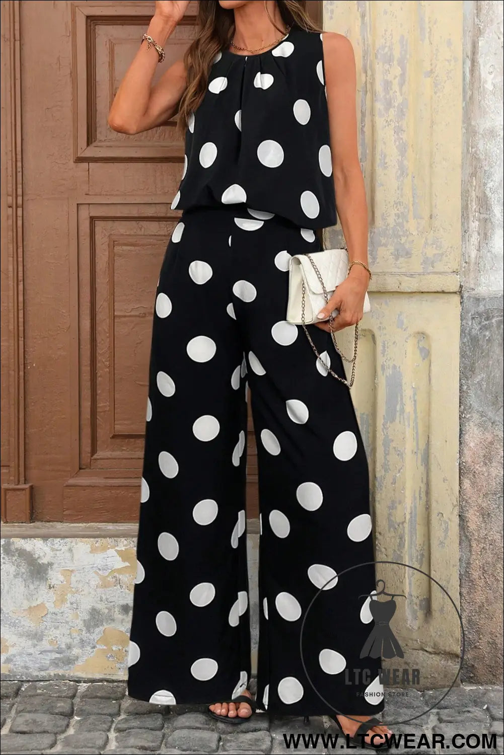 Black polka dot print pleated round neck tank casual wide leg two-piece outfit - pant sets
