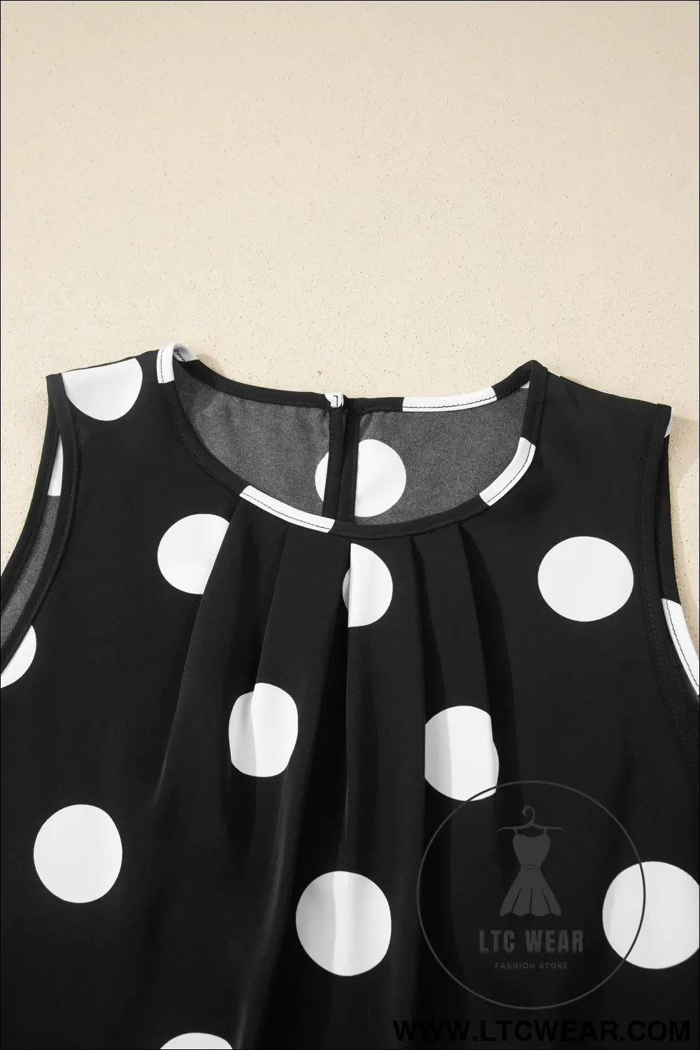 Black polka dot print pleated round neck tank casual wide leg two-piece outfit - pant sets