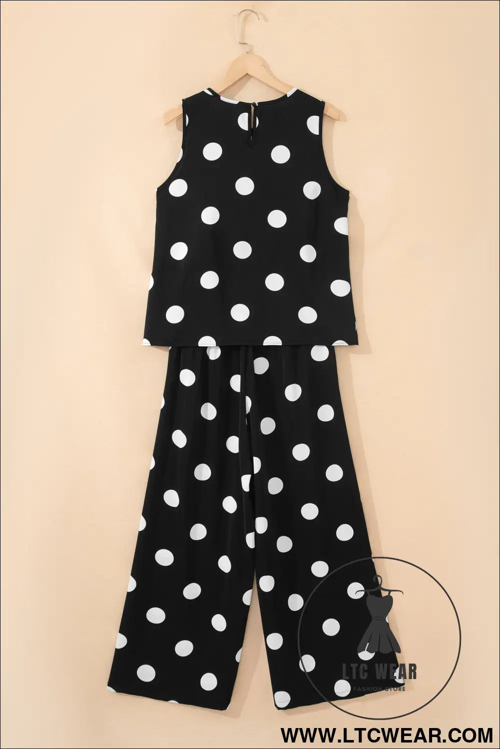 Black polka dot print pleated round neck tank casual wide leg two-piece outfit - pant sets