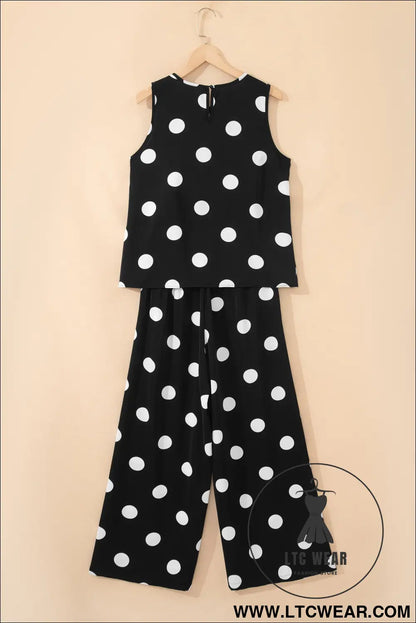 Black polka dot print pleated round neck tank casual wide leg two-piece outfit - pant sets