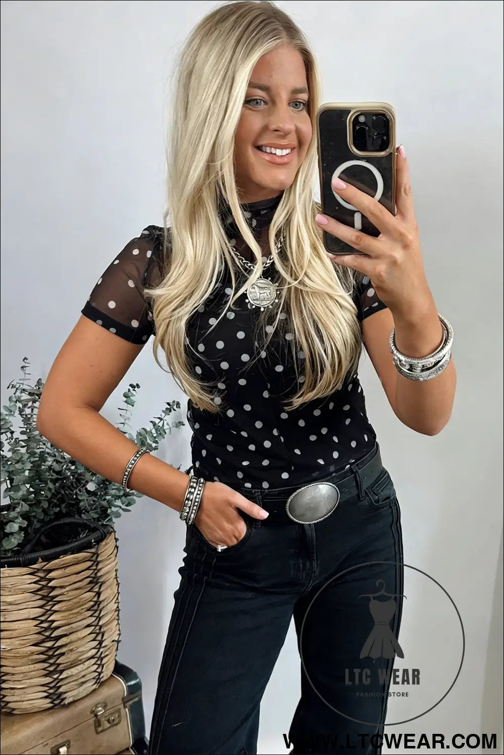 Black polka dot printed high neck sheer mesh tee - tops & tees
