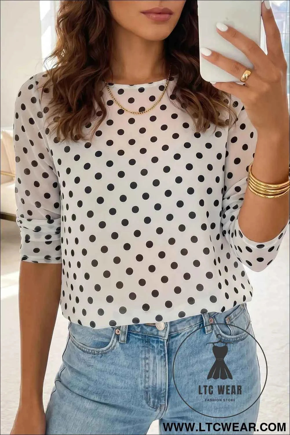 Black Polka Dot Sheer Mesh Long Sleeve Round Neck Shift Top