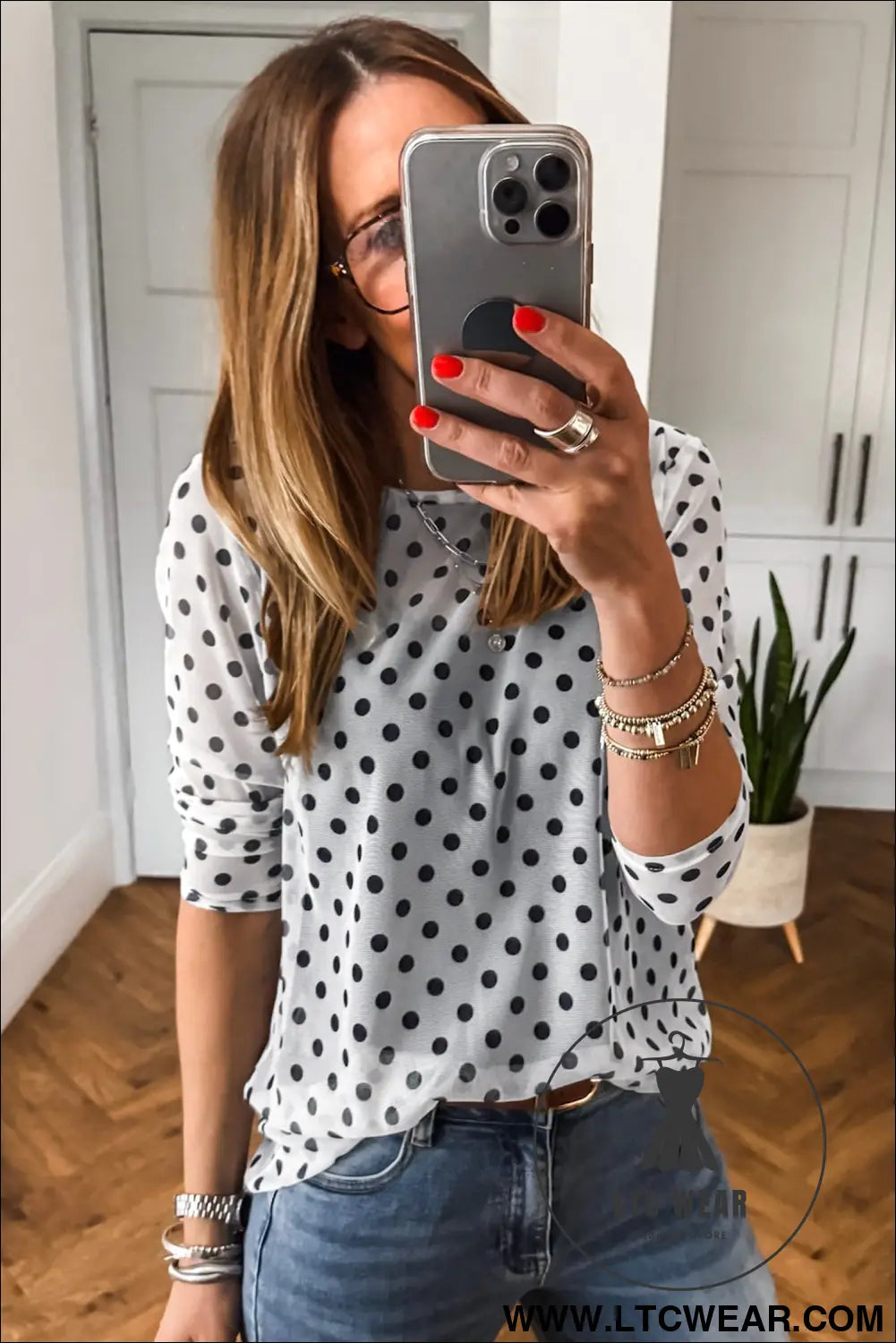 Black polka dot sheer mesh long sleeve round neck shift top - long sleeve tops