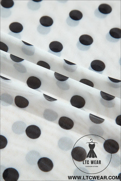 Black Polka Dot Sheer Mesh Long Sleeve Round Neck Shift Top