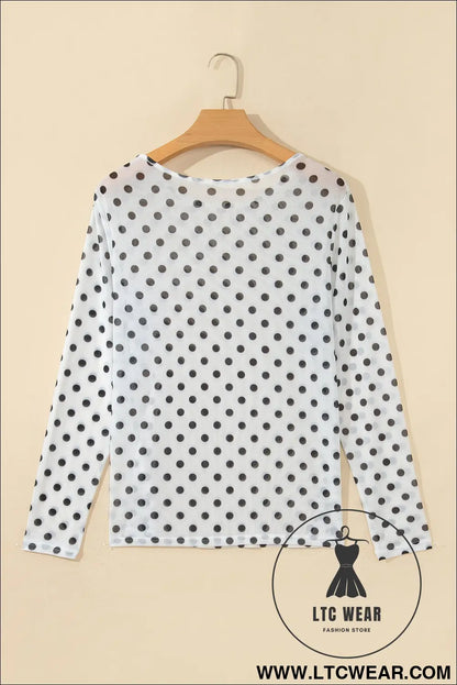 Black Polka Dot Sheer Mesh Long Sleeve Round Neck Shift Top