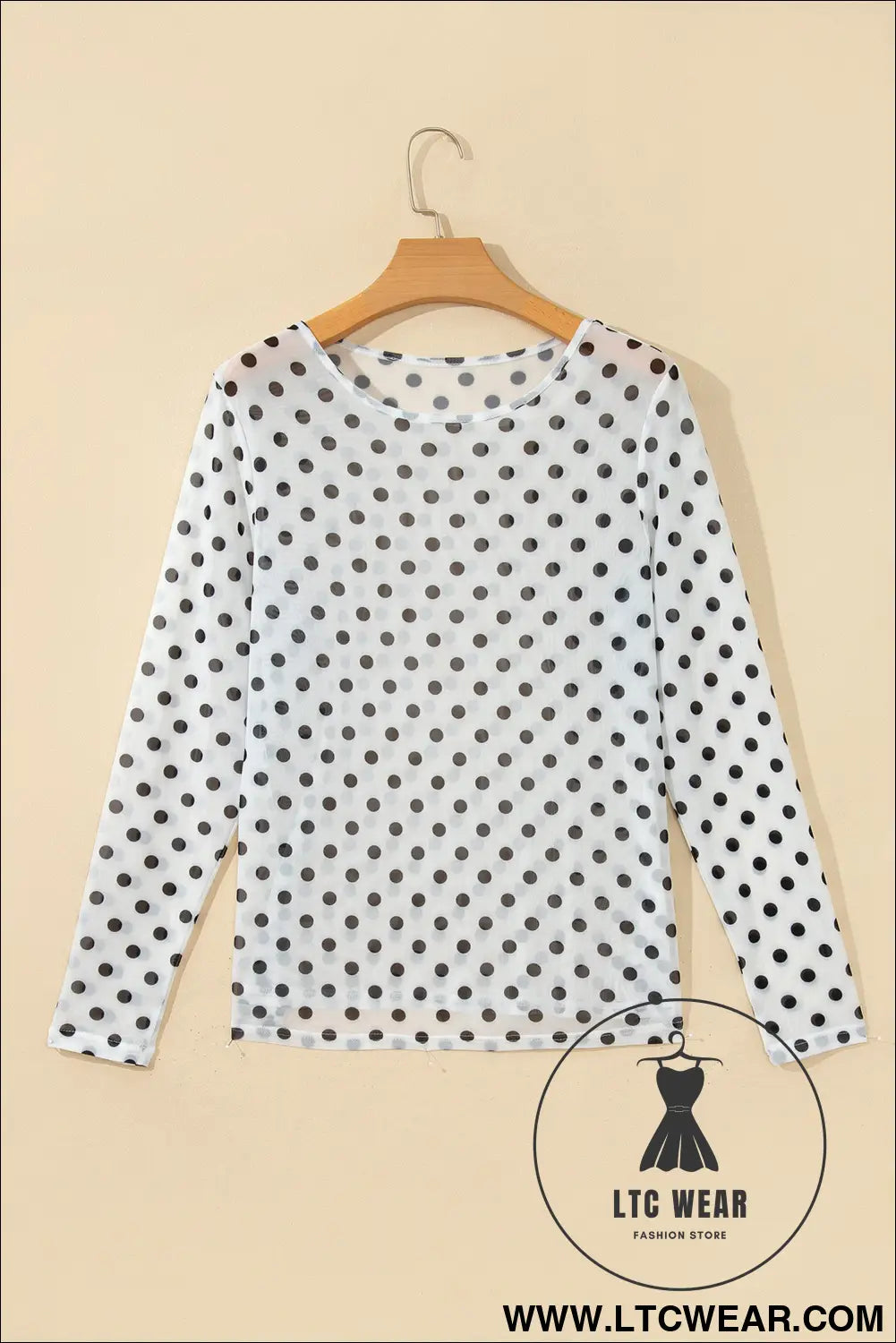 Black Polka Dot Sheer Mesh Long Sleeve Round Neck Shift Top