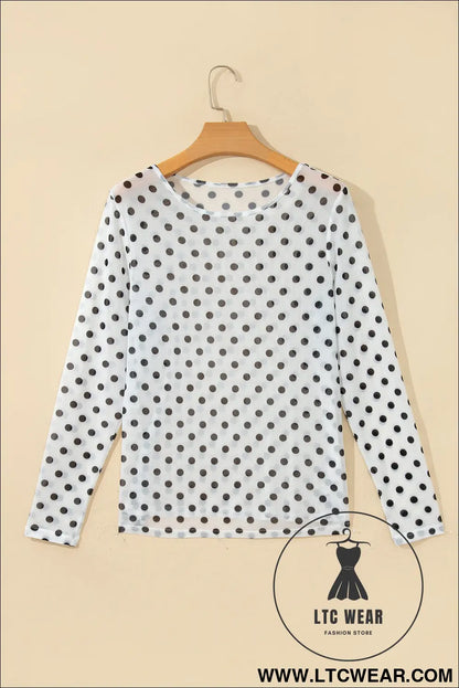 Black Polka Dot Sheer Mesh Long Sleeve Round Neck Shift Top