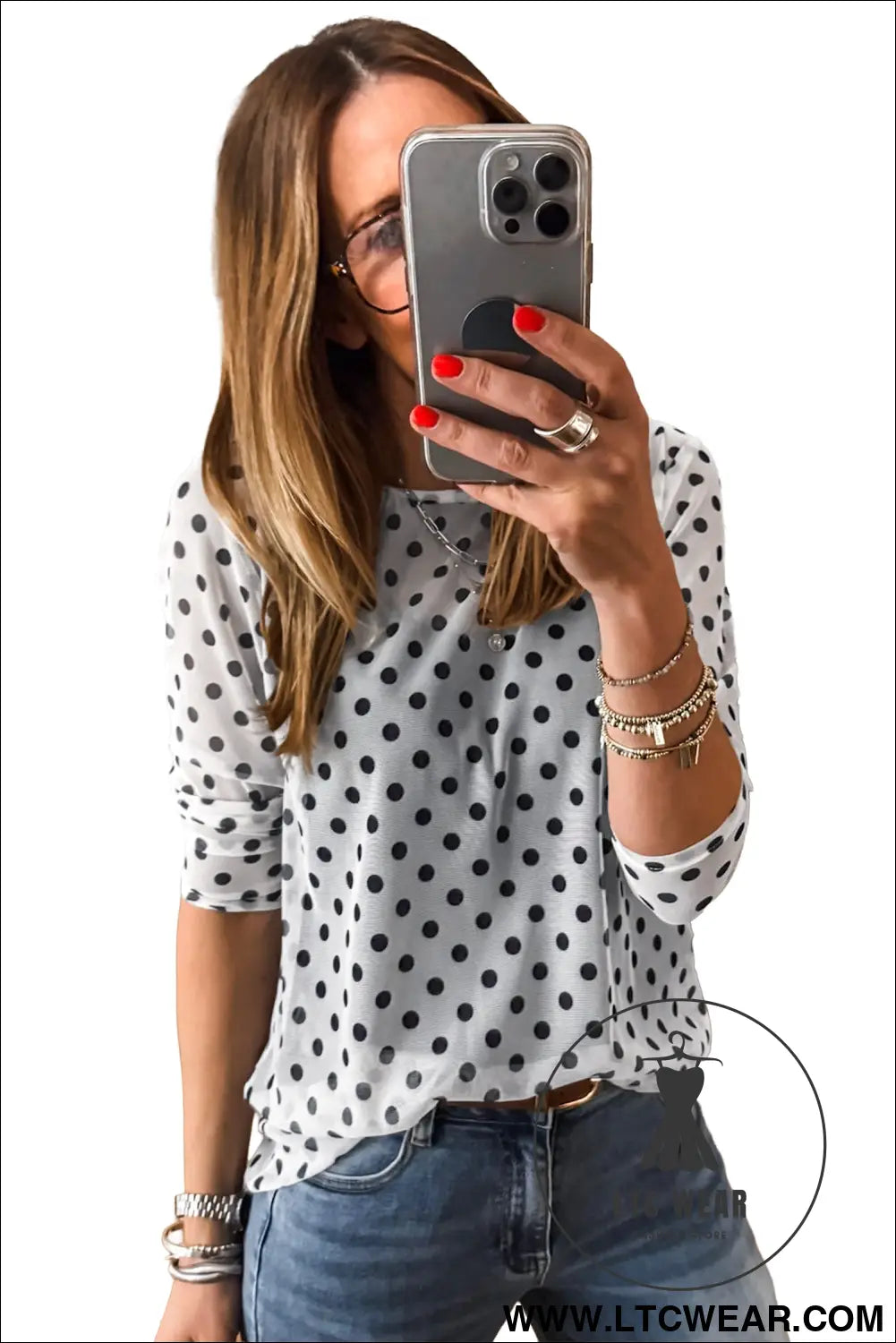 Black polka dot sheer mesh long sleeve round neck shift top - long sleeve tops