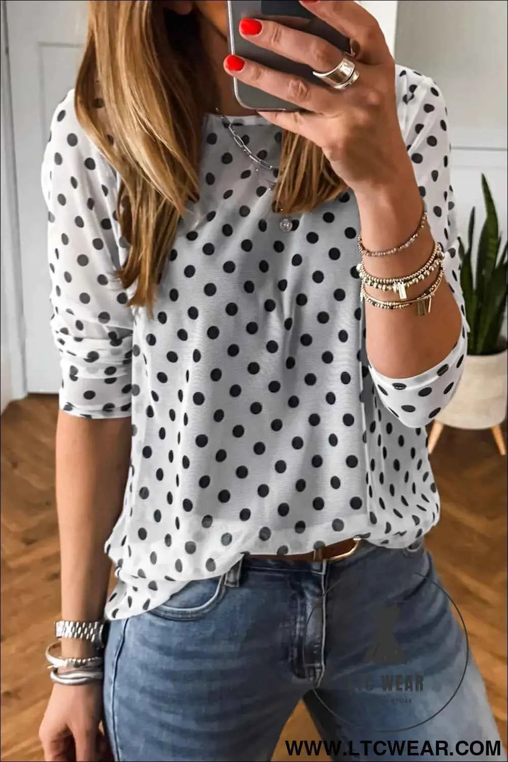 Black Polka Dot Sheer Mesh Long Sleeve Round Neck Shift Top