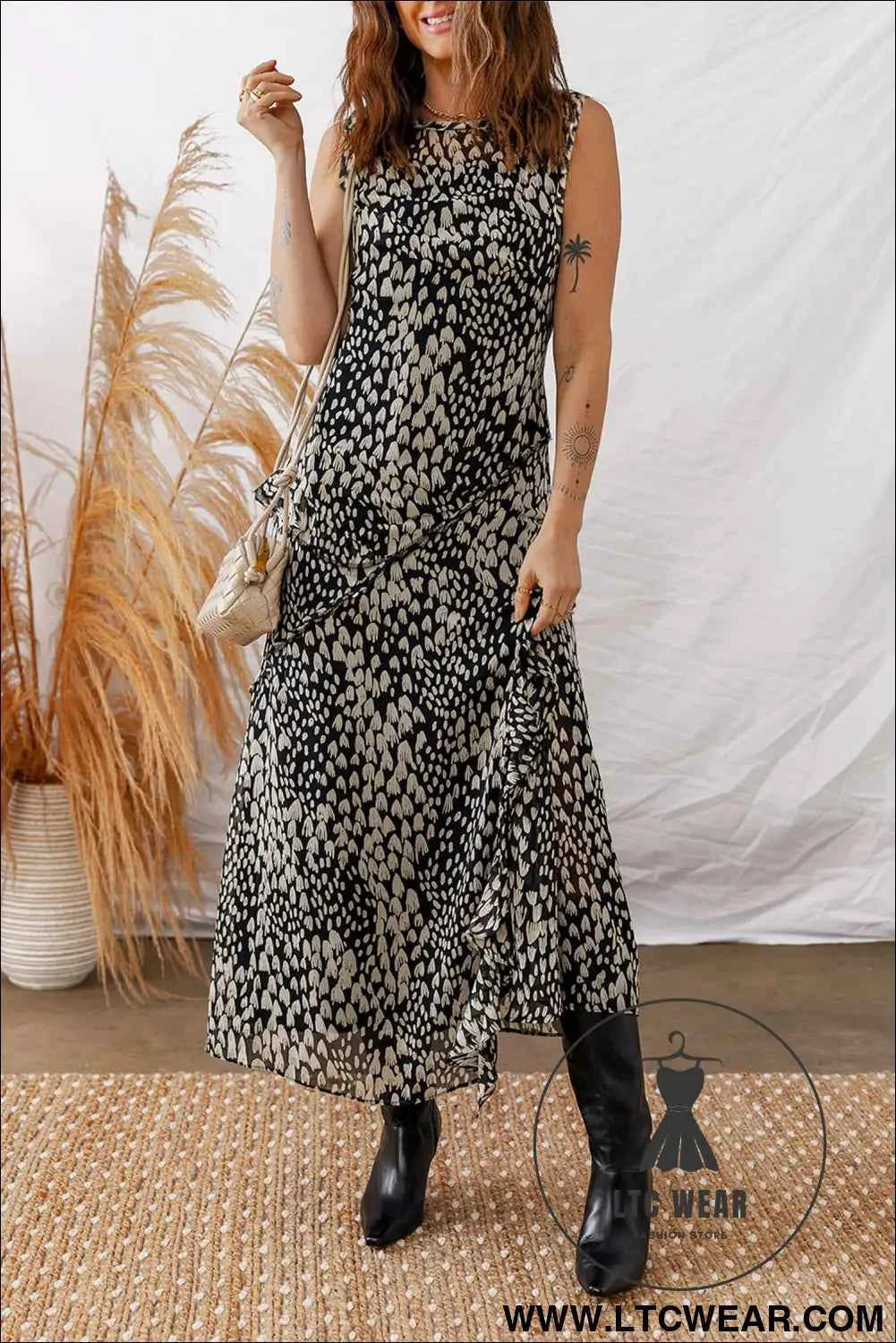 Black Printed Sleeveless Maxi Dress