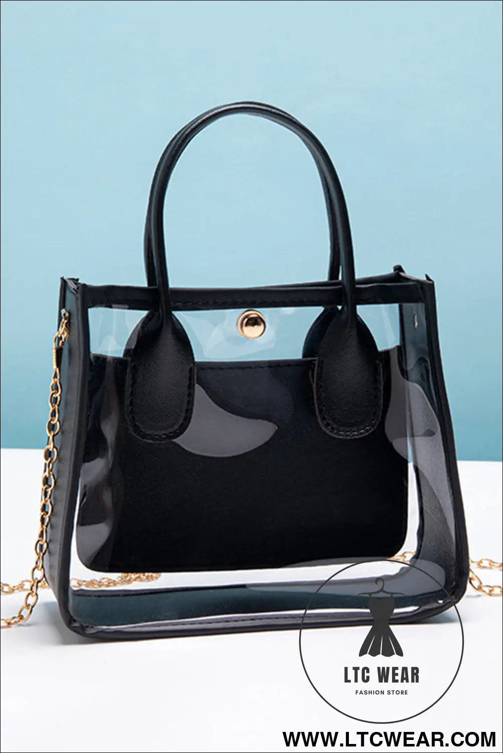 Black pvc pu leather chain strap clear shoulder bag - black / one size / 100% viscose - shoulder bags