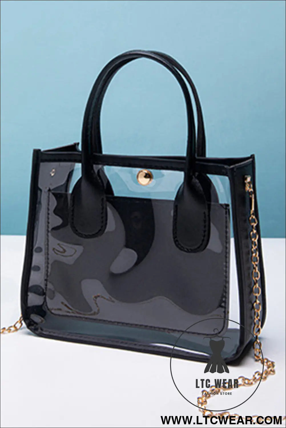 Black pvc pu leather chain strap clear shoulder bag - black / one size / 100% viscose - shoulder bags