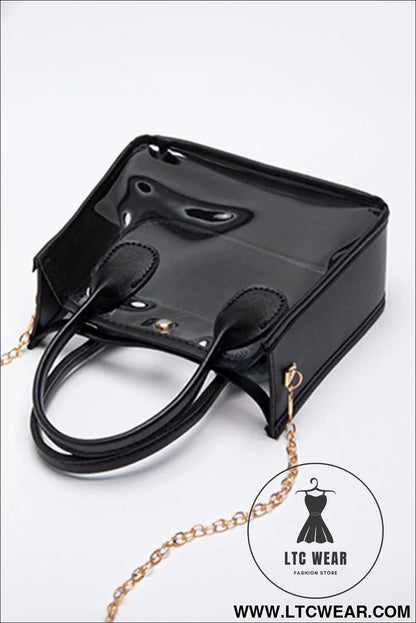 Black pvc pu leather chain strap clear shoulder bag - black / one size / 100% viscose - shoulder bags
