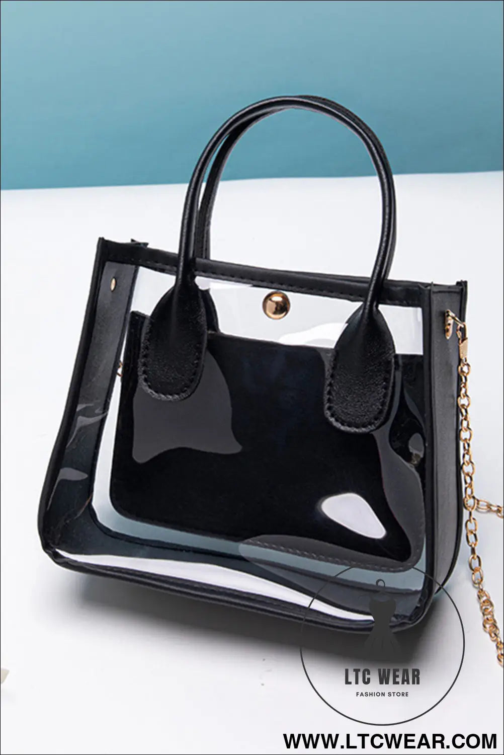 Black pvc pu leather chain strap clear shoulder bag - black / one size / 100% viscose - shoulder bags