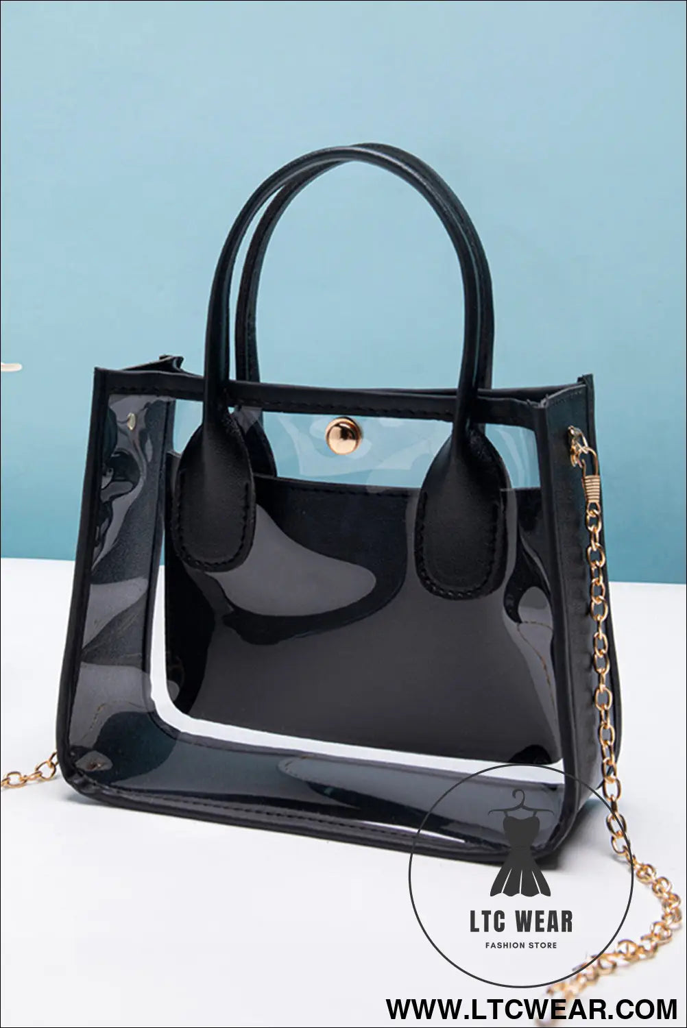 Black pvc pu leather chain strap clear shoulder bag - black / one size / 100% viscose - shoulder bags