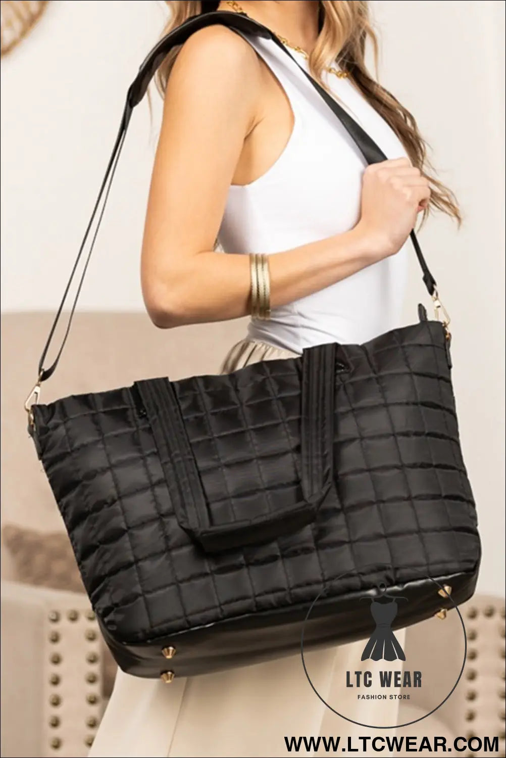 Black quilted patchwork large tote bag and clutch 2pcs set - black / one size / 100% polyester - handbags