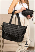 Black quilted patchwork large tote bag and clutch 2pcs set - black / one size / 100% polyester - handbags