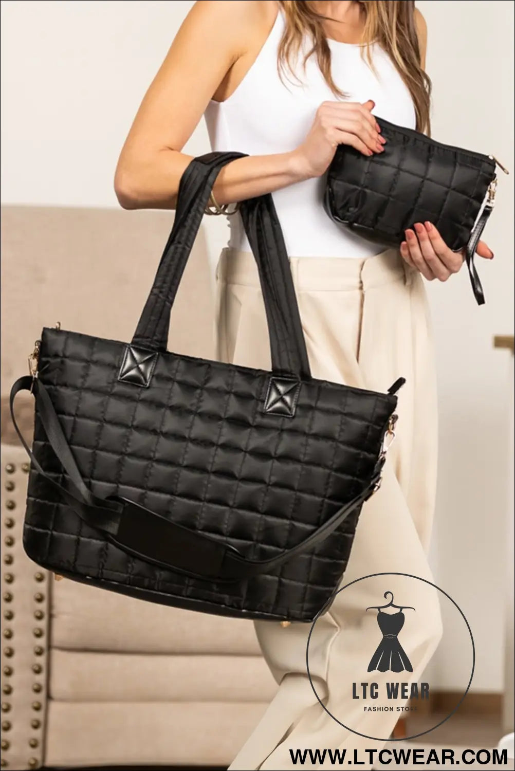 Black quilted patchwork large tote bag and clutch 2pcs set - black / one size / 100% polyester - handbags