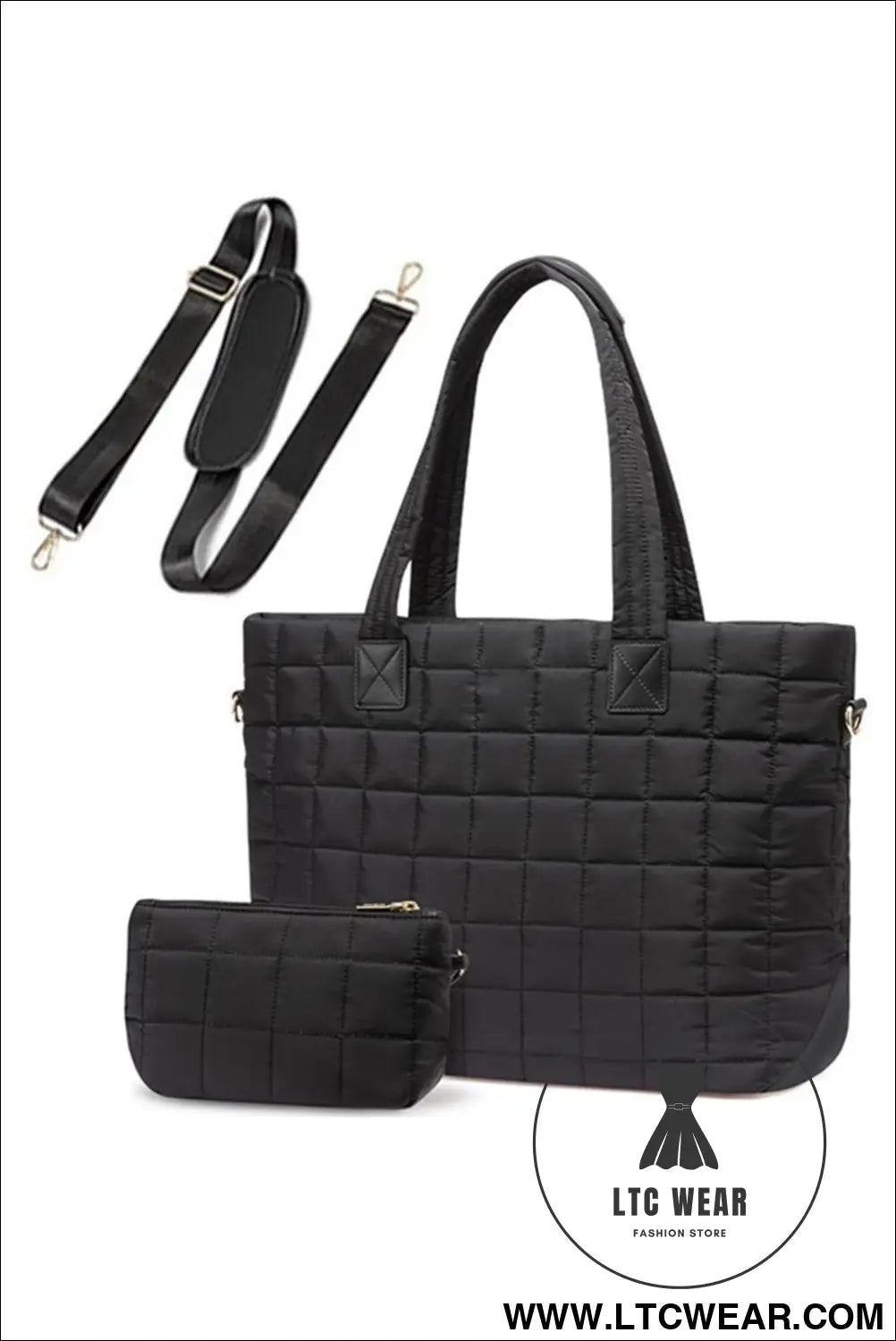 Black quilted patchwork large tote bag and clutch 2pcs set - black / one size / 100% polyester - handbags