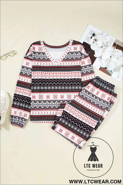Black Retro Christmas Pattern Loose Pullover 2pcs Lounge Pant Set