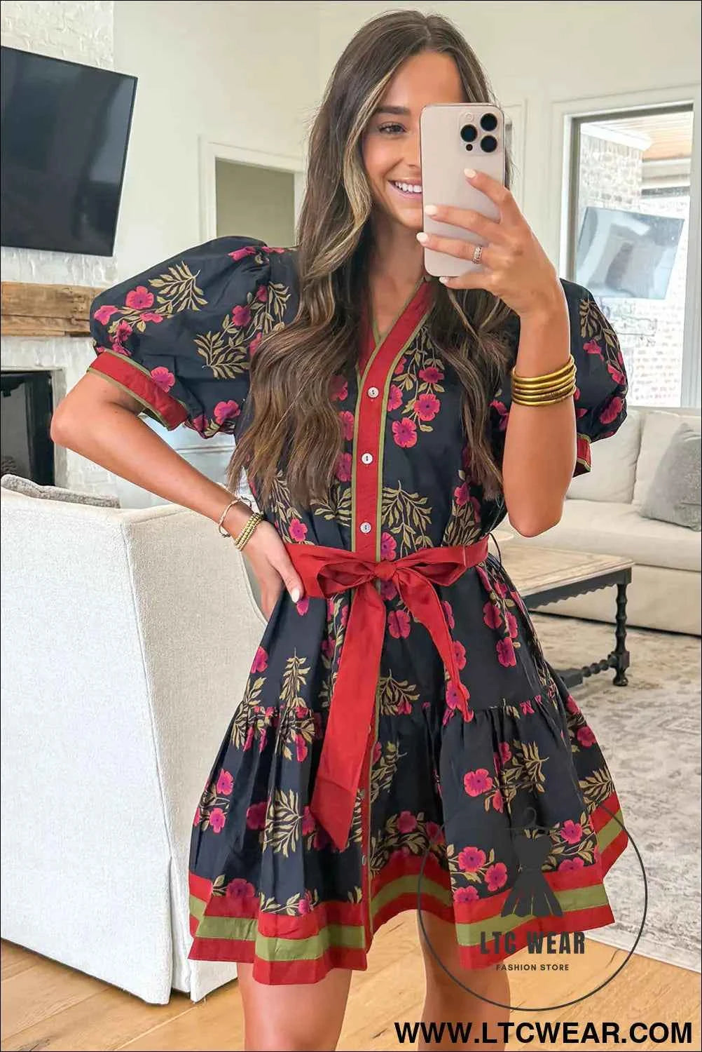 Black Retro Floral Print Button Down Belted Short Puff Sleeve Mini Dress