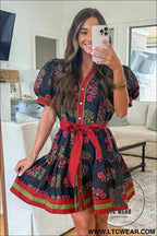 Black Retro Floral Print Button Down Belted Short Puff Sleeve Mini Dress