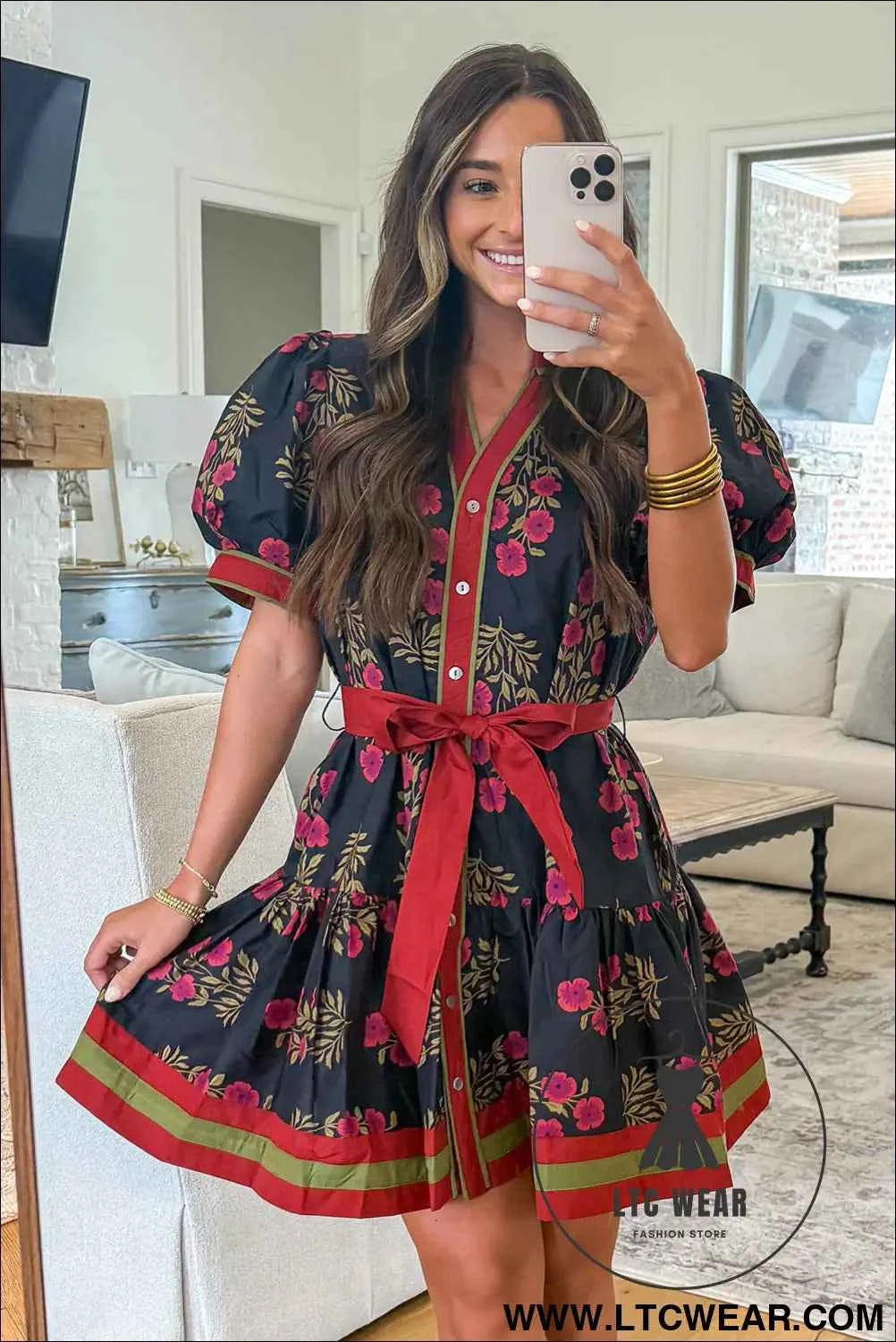 Black Retro Floral Print Button Down Belted Short Puff Sleeve Mini Dress