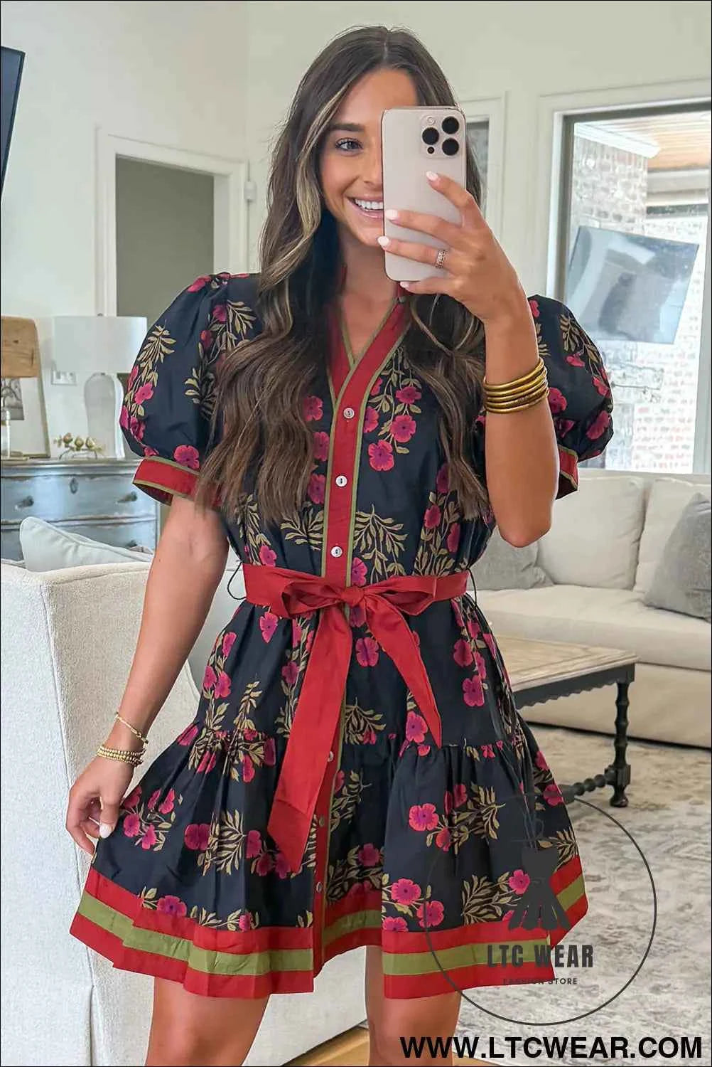 Black Retro Floral Print Button Down Belted Short Puff Sleeve Mini Dress