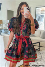 Black Retro Floral Print Button Down Belted Short Puff Sleeve Mini Dress