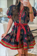 Black Retro Floral Print Button Down Belted Short Puff Sleeve Mini Dress