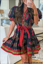 Black Retro Floral Print Button Down Belted Short Puff Sleeve Mini Dress