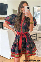Black Retro Floral Print Button Down Belted Short Puff Sleeve Mini Dress