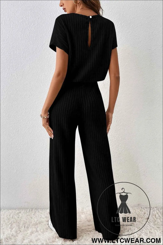 Black Ribbed Keyhole Short Sleeve Wide Leg Jumpsuit