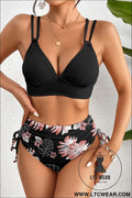 Black ribbed knit high waist 2pcs bikini swimsuit - black / l / 90% polyester + 10% elastane - high waisted swimsuit