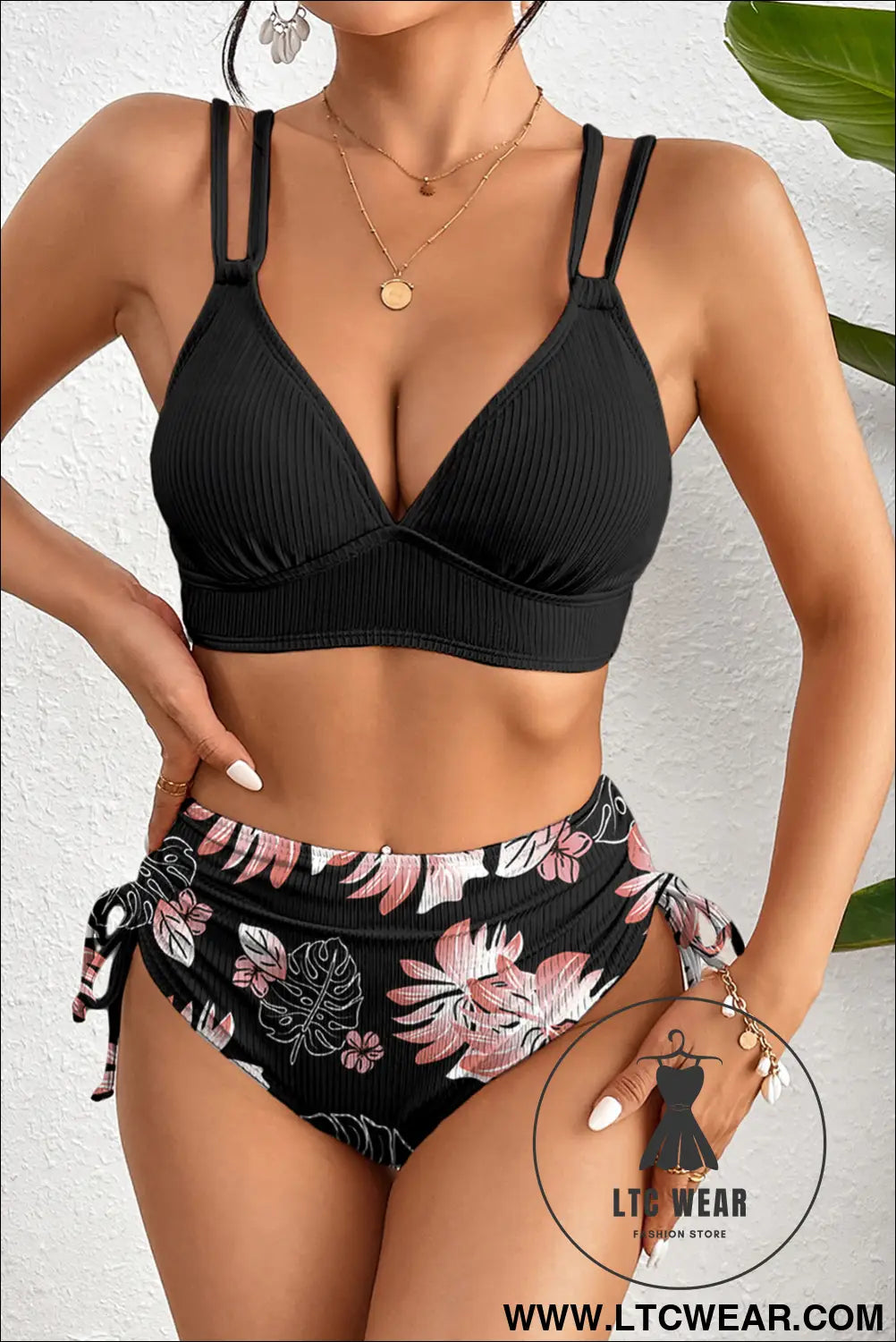 Black ribbed knit high waist 2pcs bikini swimsuit - black / l / 90% polyester + 10% elastane - high waisted swimsuit