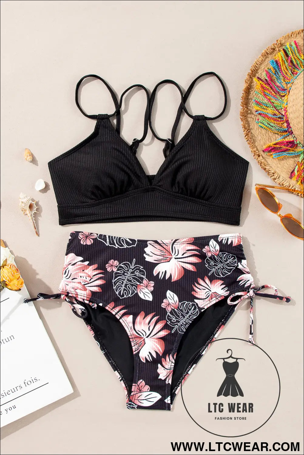Black ribbed knit high waist 2pcs bikini swimsuit - high waisted swimsuit