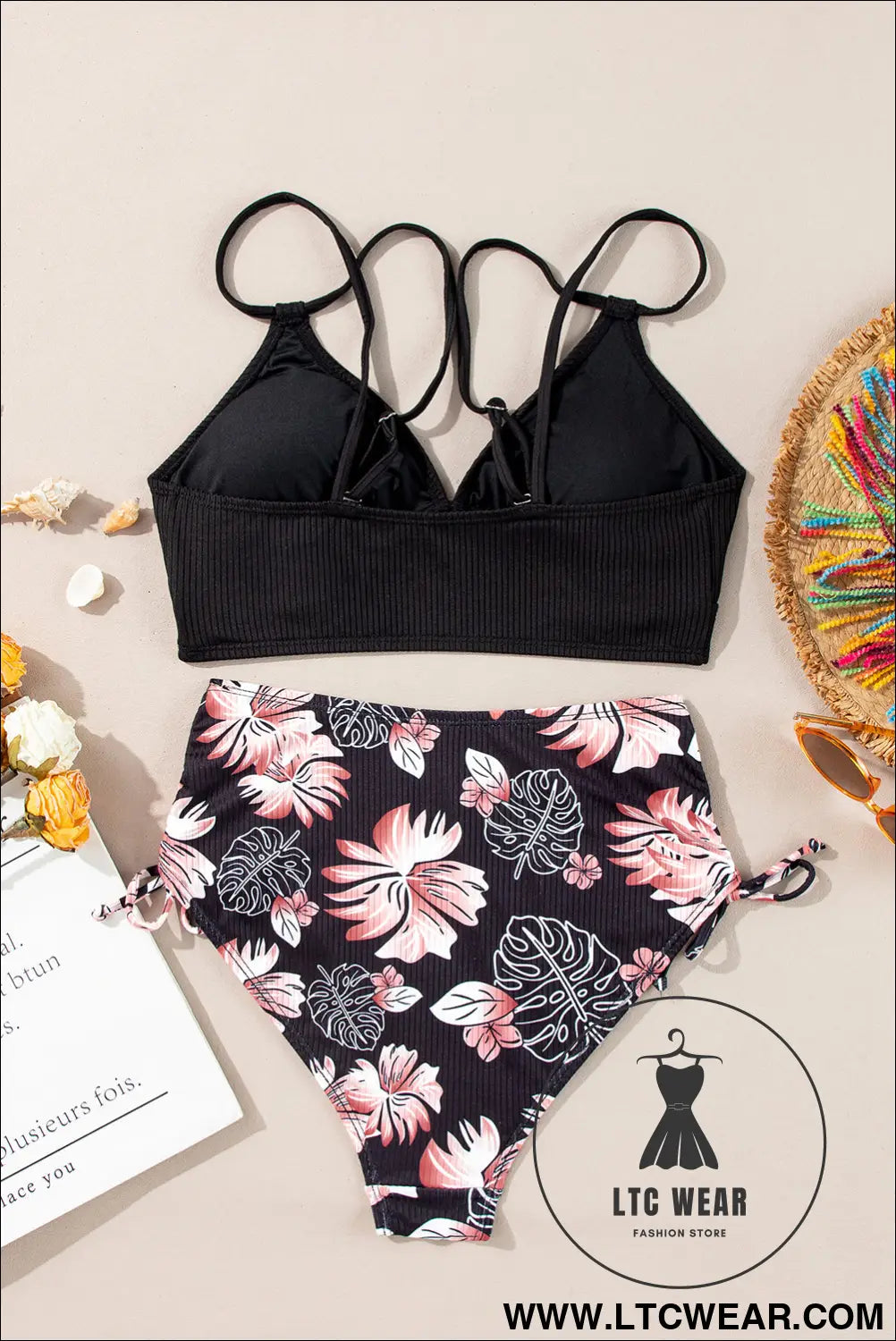 Black ribbed knit high waist 2pcs bikini swimsuit - high waisted swimsuit