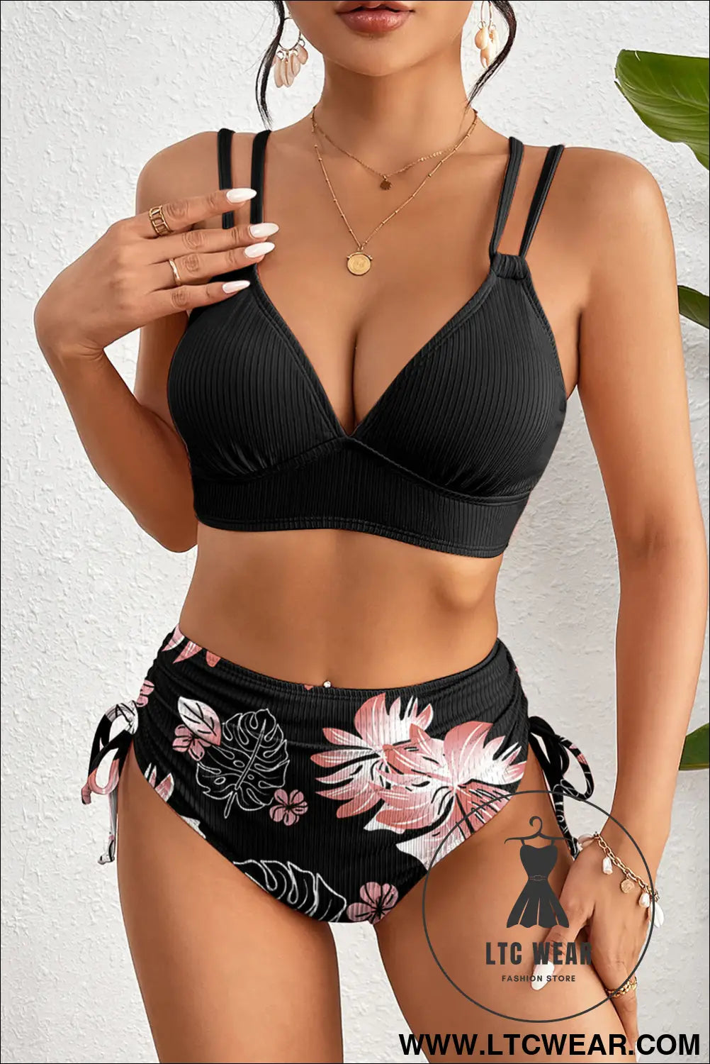 Black ribbed knit high waist 2pcs bikini swimsuit - high waisted swimsuit