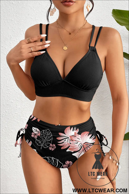 Black ribbed knit high waist 2pcs bikini swimsuit - high waisted swimsuit