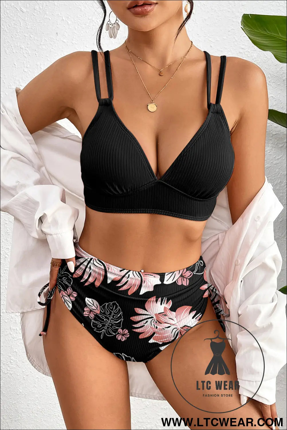 Black ribbed knit high waist 2pcs bikini swimsuit - high waisted swimsuit