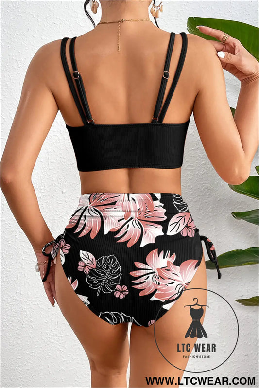 Black ribbed knit high waist 2pcs bikini swimsuit - high waisted swimsuit