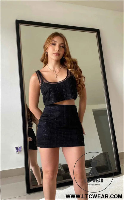 Black Sequin Detail Two Piece Set Crop And Skirt