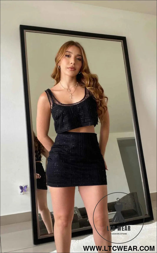 Black Sequin Detail Two Piece Set Crop And Skirt