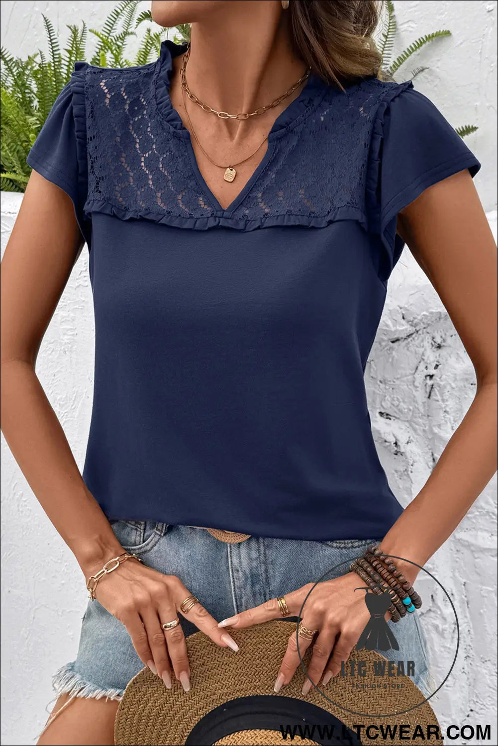 Black sheer lace splicing split neck ruffle short sleeve blouse - blouses & shirts