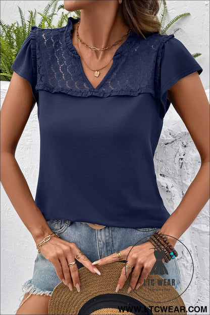 Black sheer lace splicing split neck ruffle short sleeve blouse - blouses & shirts